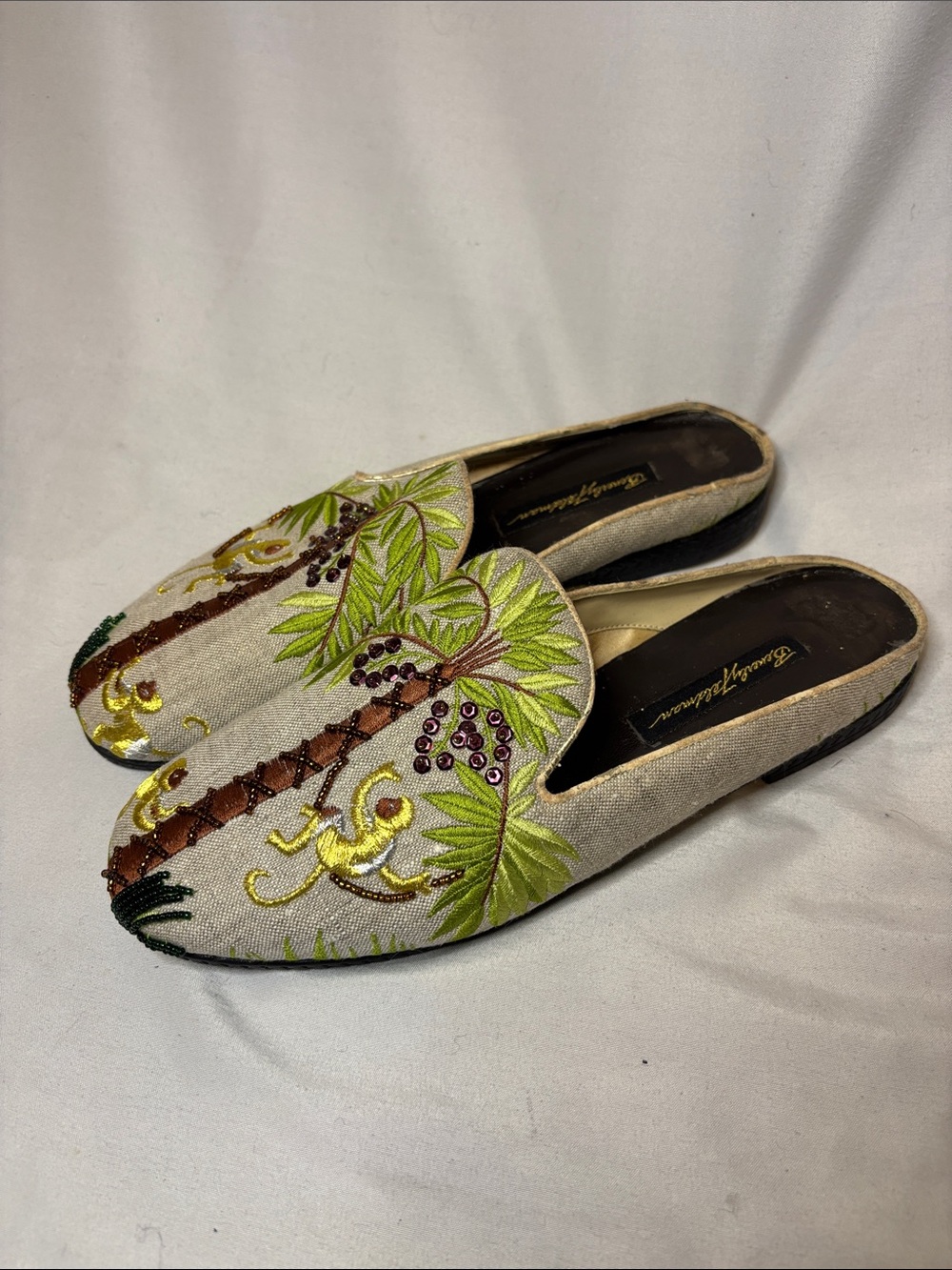 Beverly Feldman flat mules linen tropical monkey and palm tree embroidery 9